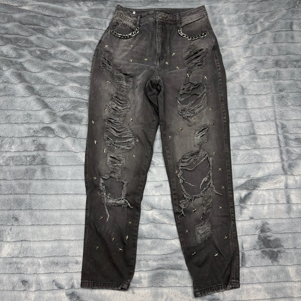 Studio F Distressed Jeans Women 4 Black Star Studded Chain Detail High Rise‎